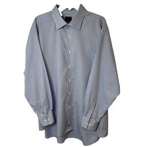 David Donahue Dress Shirt 18.5 34/35 Blue/White Striped Logo Button Up Long SL